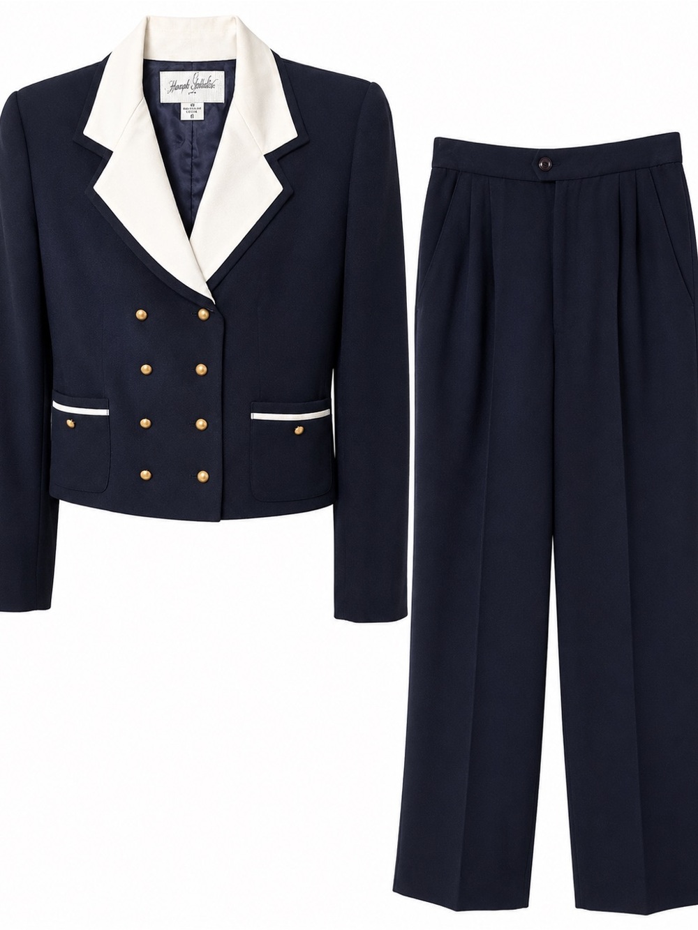 Navy & White Cropped Double-Breasted Pantsuit